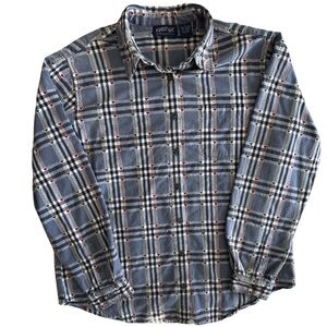 Vintage Krazy Kat Plaid Button Down Shirt Size L 100% Cotton Heart Print Blue